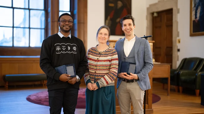 (Left to right) Stanley Jachike Onyemechalu rewarded for his research on the Biafra war, Dr Tamsin O'Connell and Dr Nik Petek-Sargeant | Image: Cambridge Chronicles