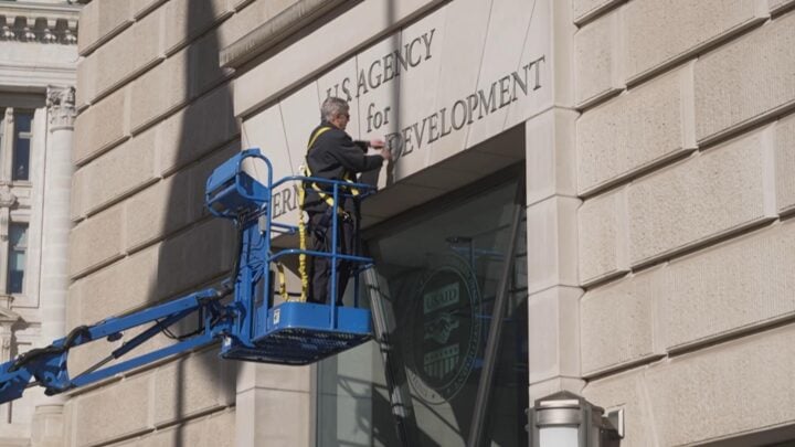 USAID signage removed from organisation's headquarters in Washington as Trump dismantles agency. Photo credit: NBC